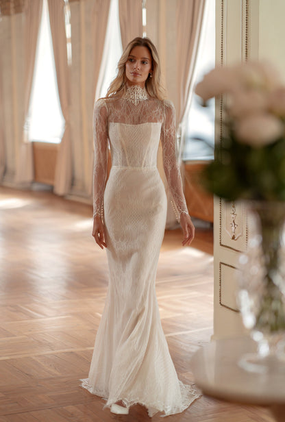 Lace Mermaid Wedding Dress with High-Neck Sleeves and Detachable Satin Corset Overskirt - photo 6