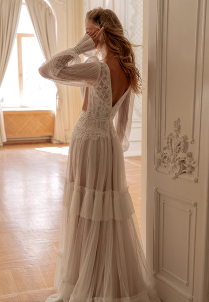 Boho Tiered Lace and Tulle Wedding Dress with Plunging V-Neck, Sheer Sleeves and Open Back - photo 6