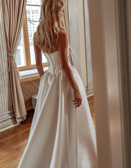 Mikado A-Line Wedding Dress with Strapless Scoop Corset, Bow and Front Slit - photo 6