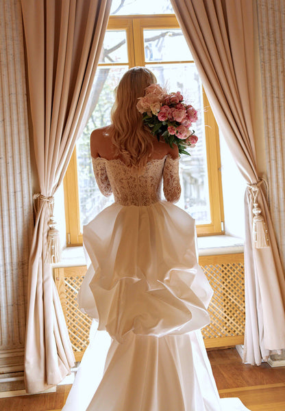 Strapless Lace Mermaid Wedding Dress with Long Sleeves and Detachable Satin Train - photo 7