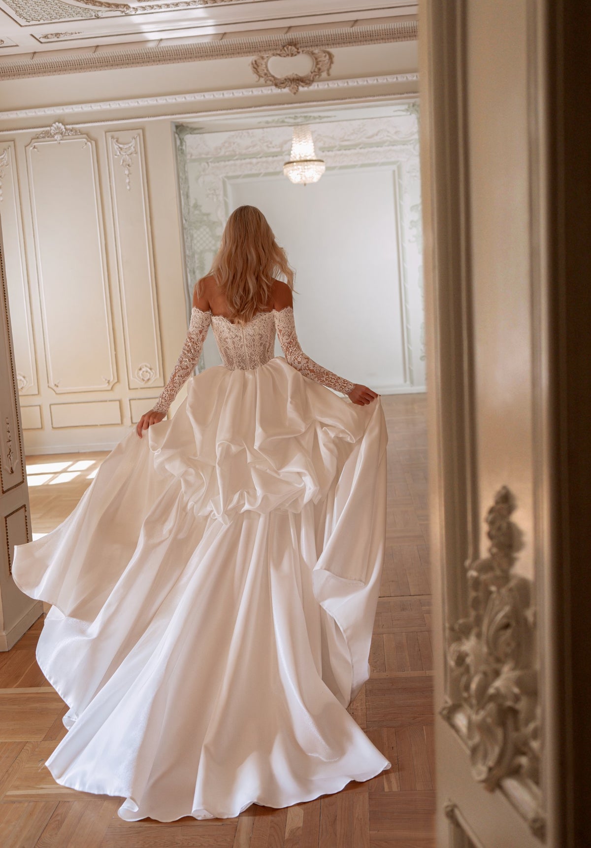 Strapless Lace Mermaid Wedding Dress with Long Sleeves and Detachable Satin Train - photo 8