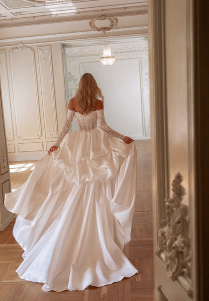 Strapless Lace Mermaid Wedding Dress with Long Sleeves and Detachable Satin Train - photo 8