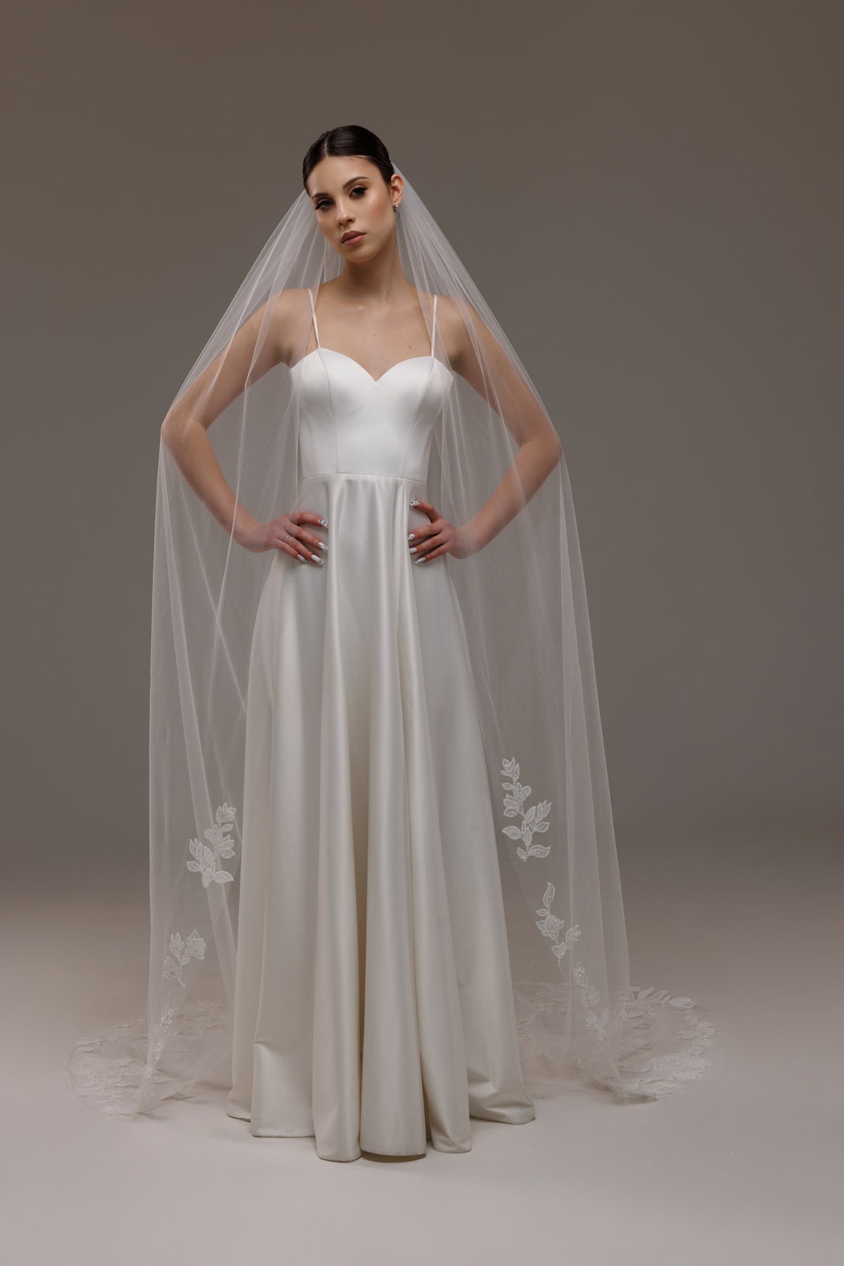 Cathedral Lace Veil with Large Beaded Magnolia Flowers - view 2