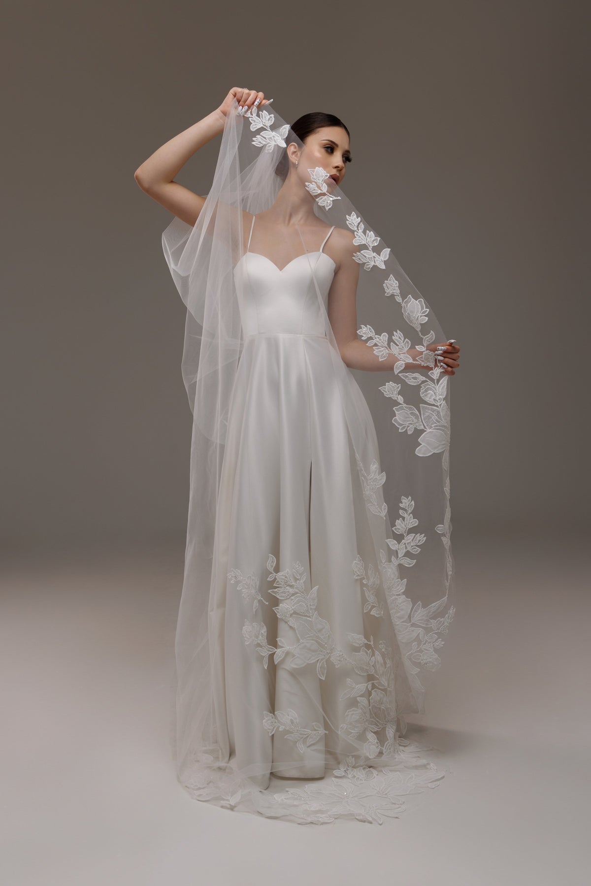 Cathedral Lace Veil with Large Beaded Magnolia Flowers - view 1