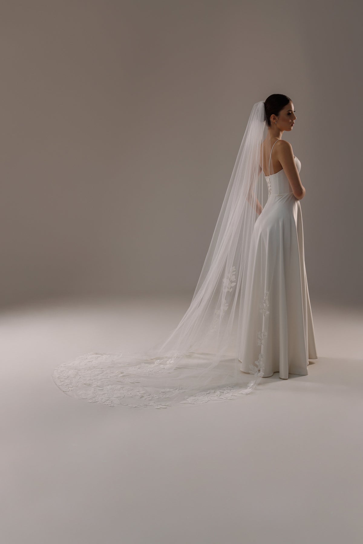 Cathedral Lace Veil with Large Beaded Magnolia Flowers - view 6
