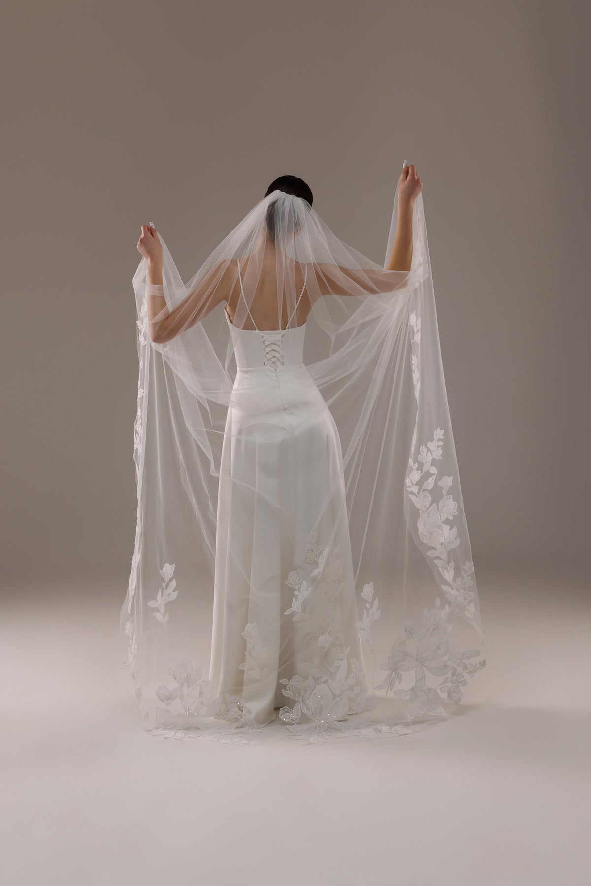Cathedral Lace Veil with Large Beaded Magnolia Flowers - view 5