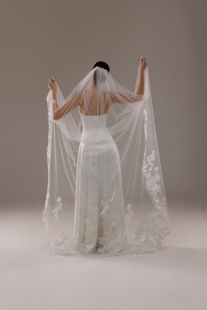 Cathedral Lace Veil with Large Beaded Magnolia Flowers - view 5