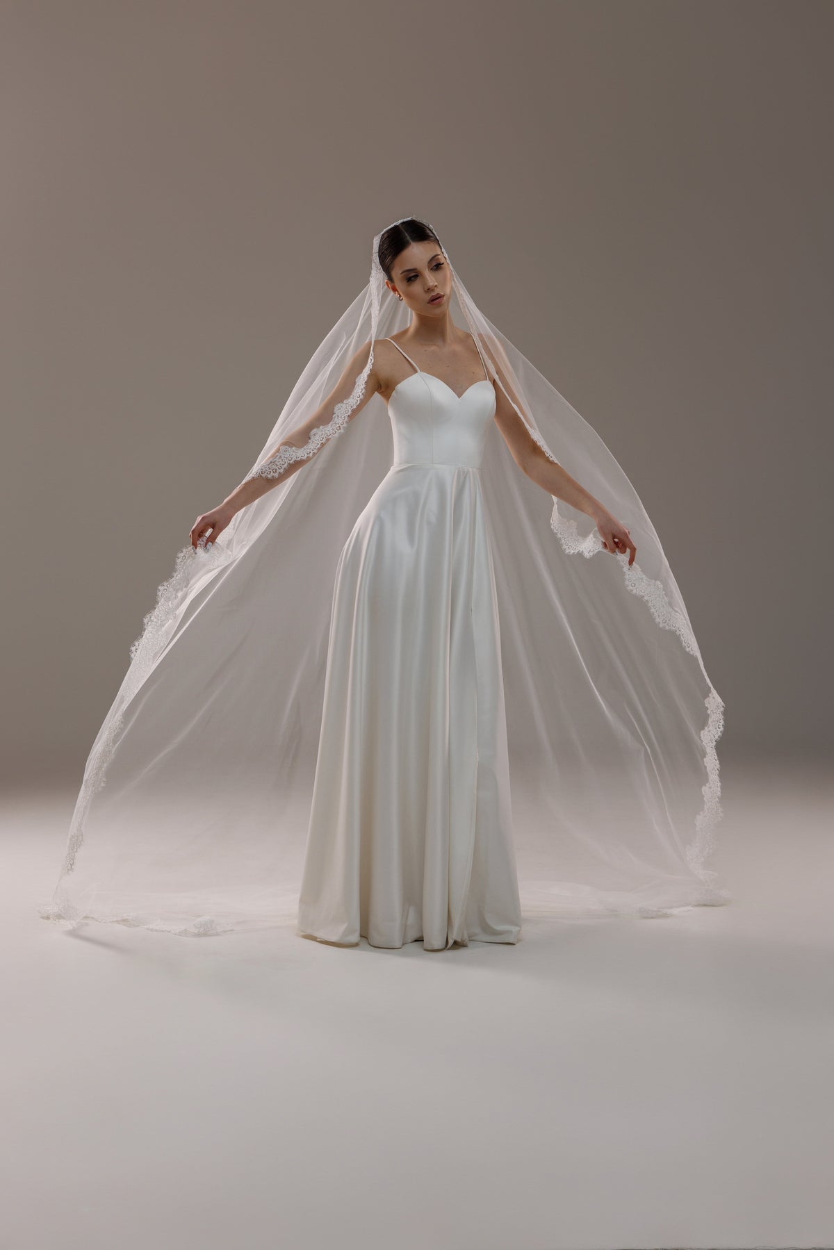 Lace Trim Mantilla Veil in Light Ivory - view 3