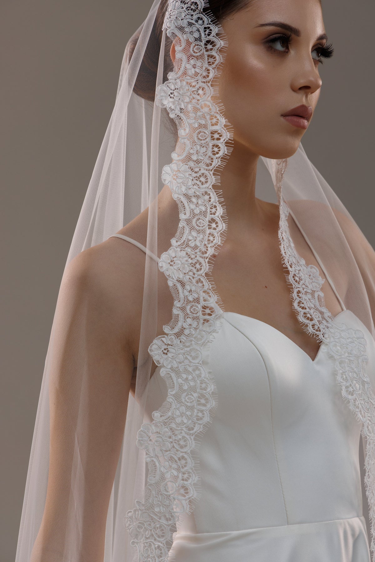 Lace Trim Mantilla Veil in Light Ivory - view 1
