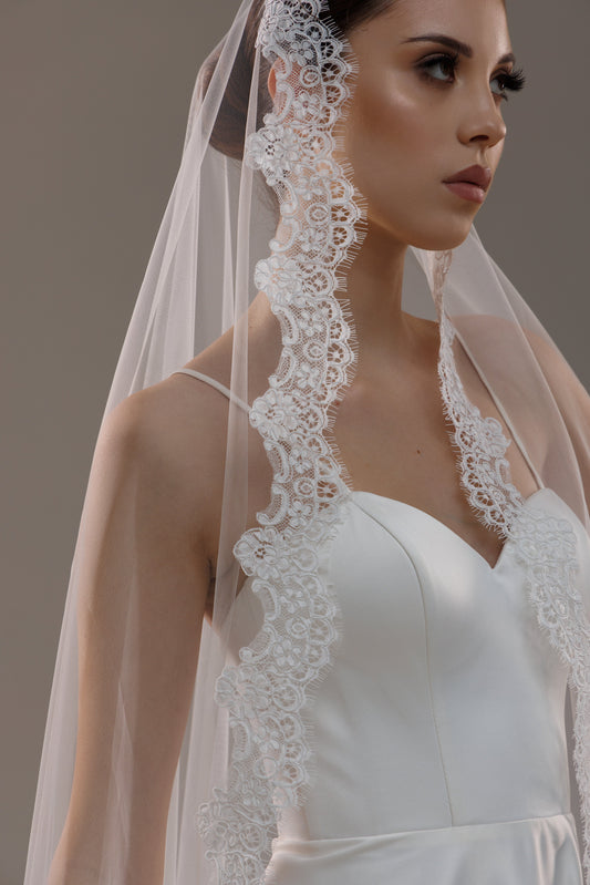 Lace Trim Mantilla Veil in Light Ivory - view 1