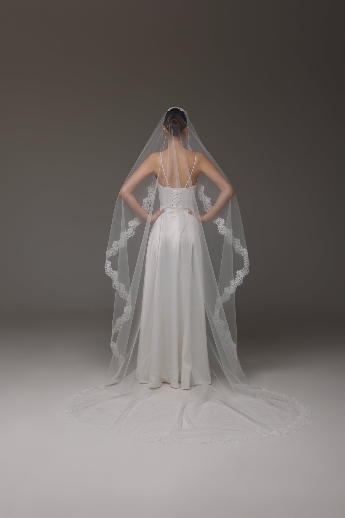 Lace Trim Mantilla Veil in Light Ivory - view 6