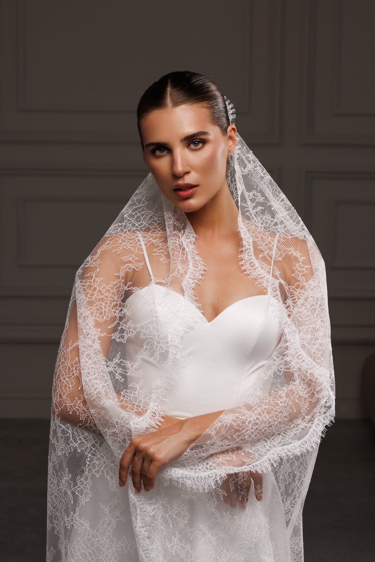 All-Over Lace Mantilla Veil with Scalloped Border - view 2