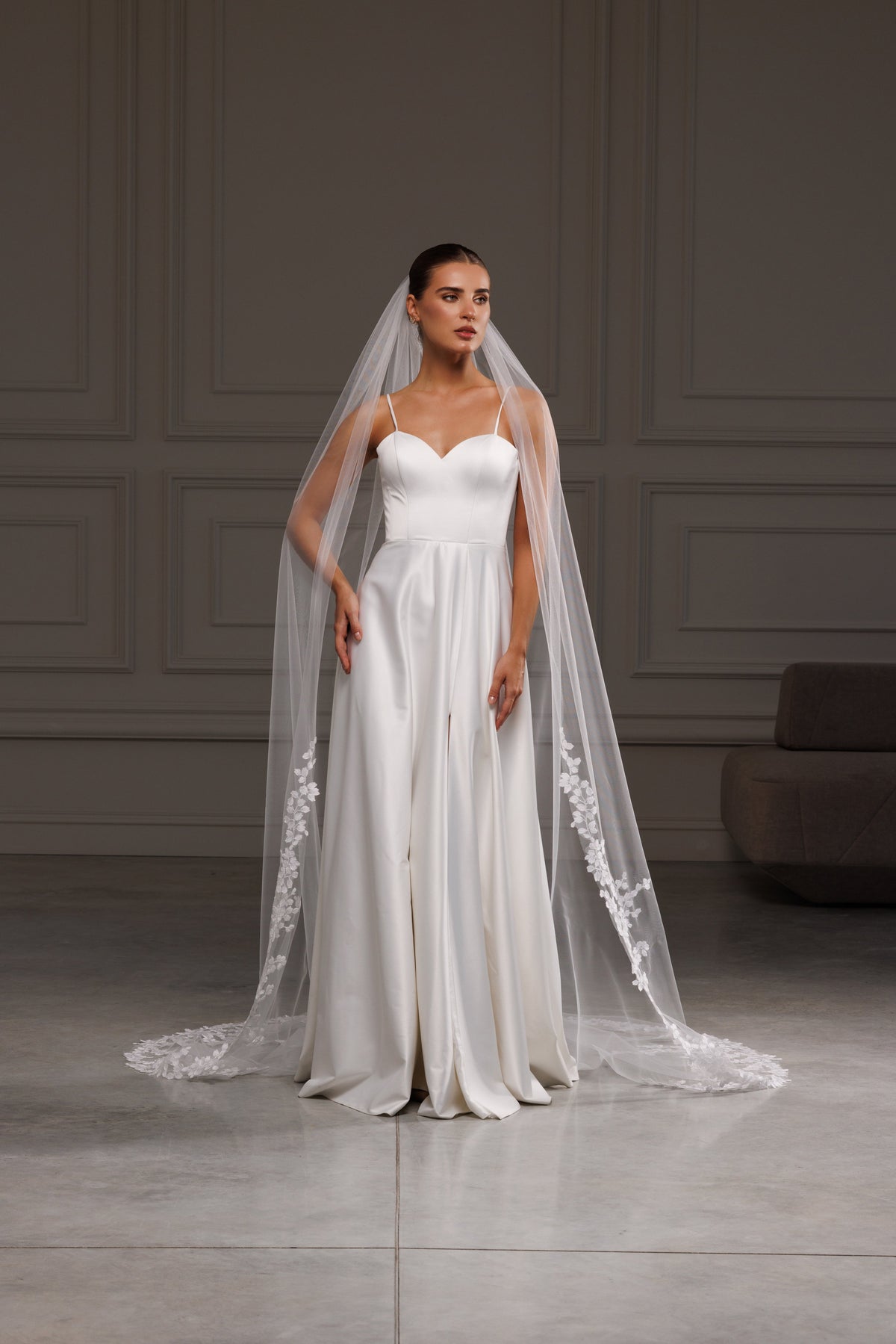 One-Layer Veil with Lace Appliques and Embellished Train - view 2