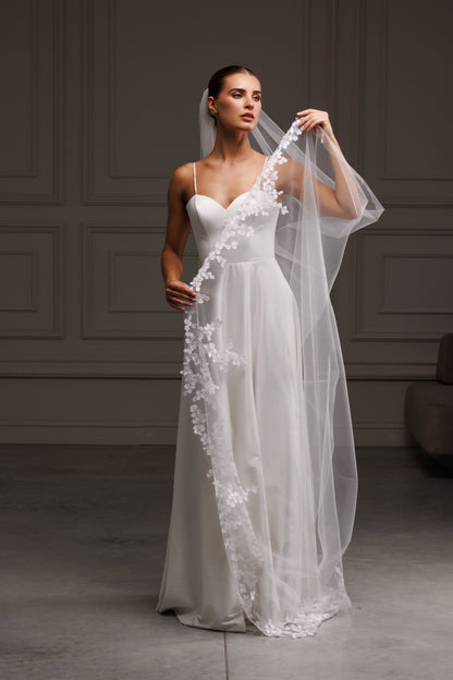 One-Layer Veil with Lace Appliques and Embellished Train - view 1