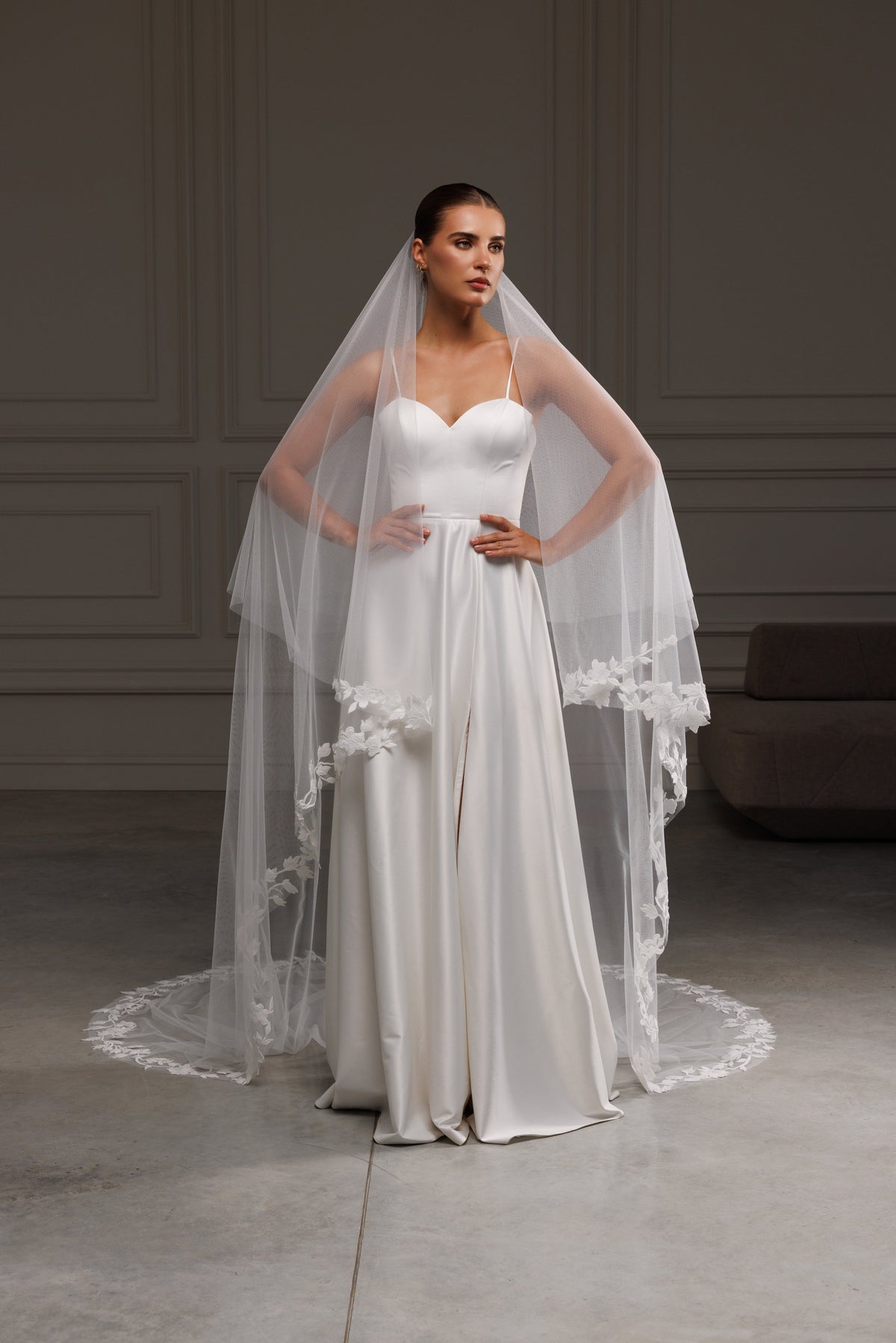 Two-Layer Cathedral Veil with Lace Appliques - view 5
