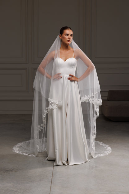 Two-Layer Cathedral Veil with Lace Appliques - view 5