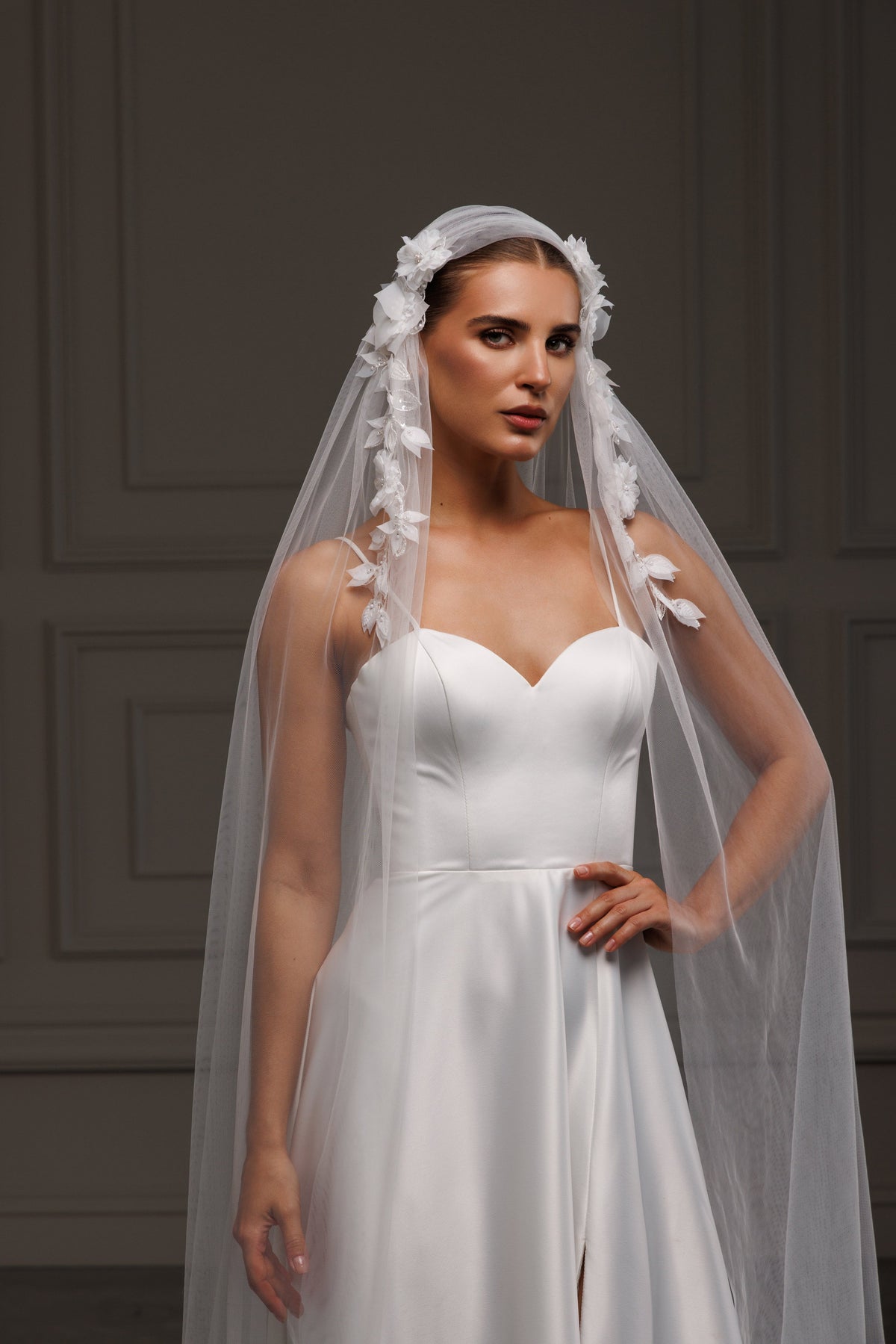 Juliet Cape Veil with Beaded 3D Lace - view 1