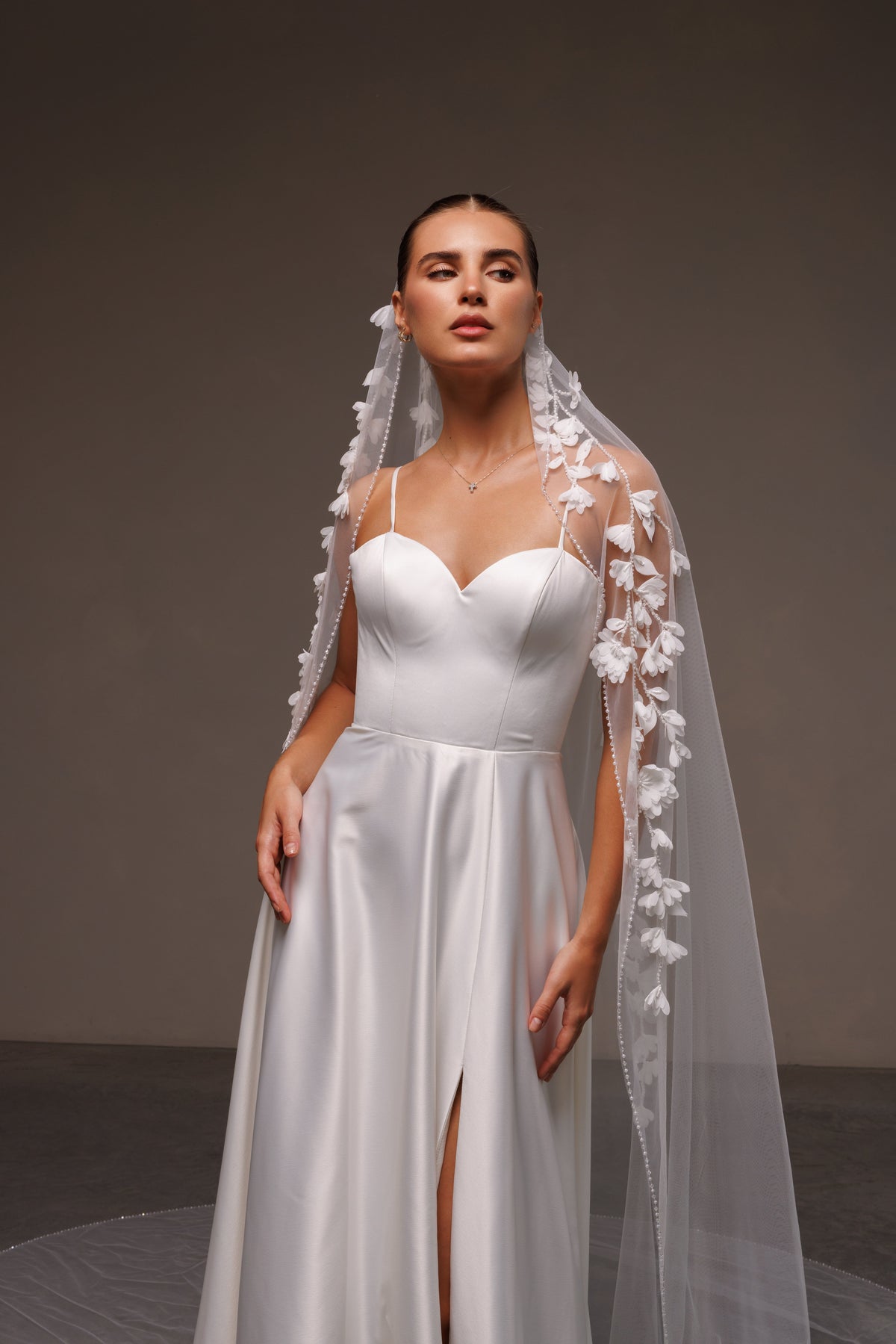Beaded Edge Mantilla Veil with 3D Chiffon Petals - view 3