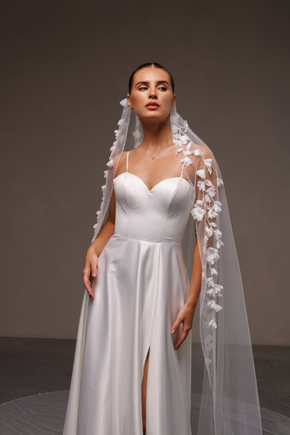 Beaded Edge Mantilla Veil with 3D Chiffon Petals - view 3