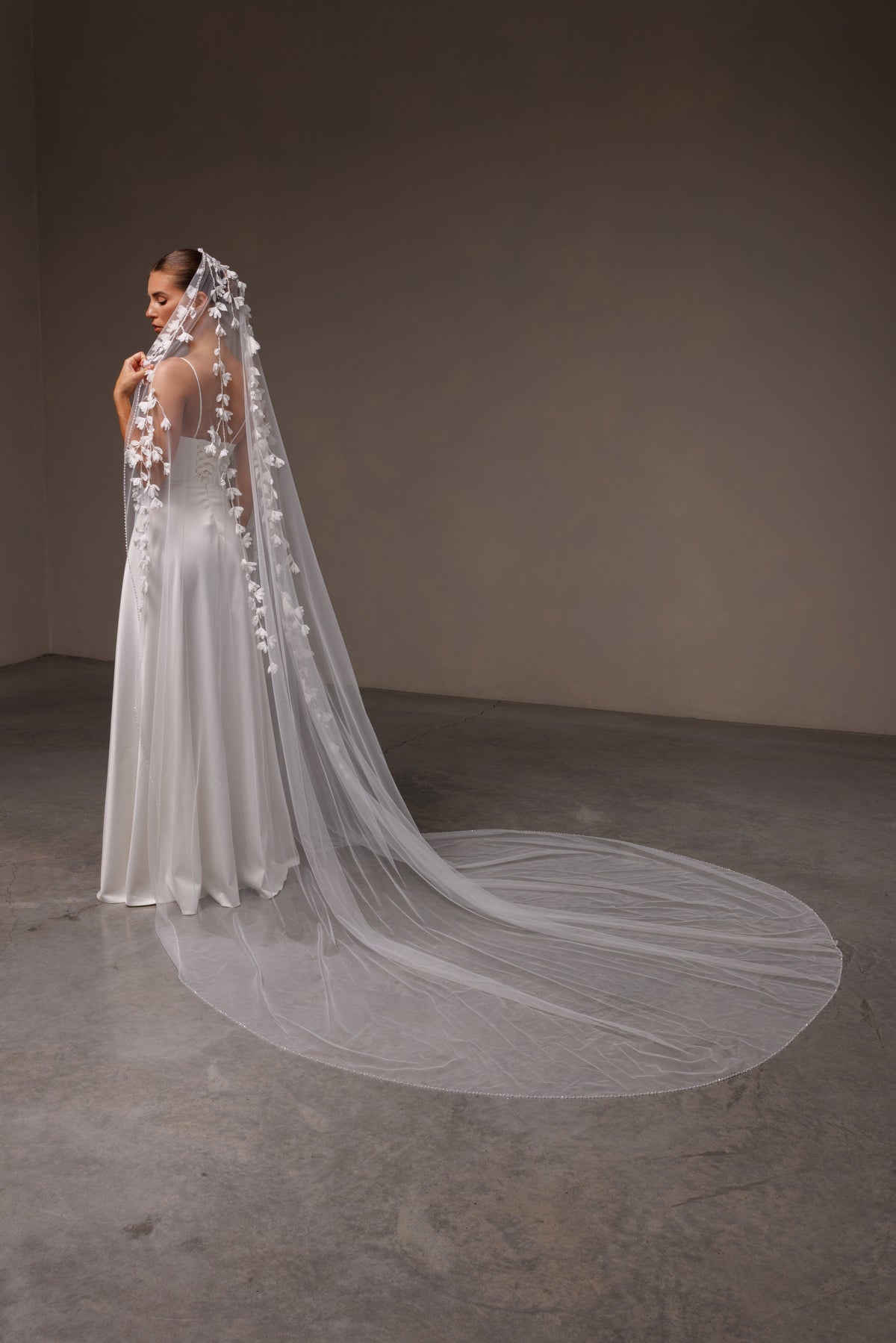 Beaded Edge Mantilla Veil with 3D Chiffon Petals - view 4