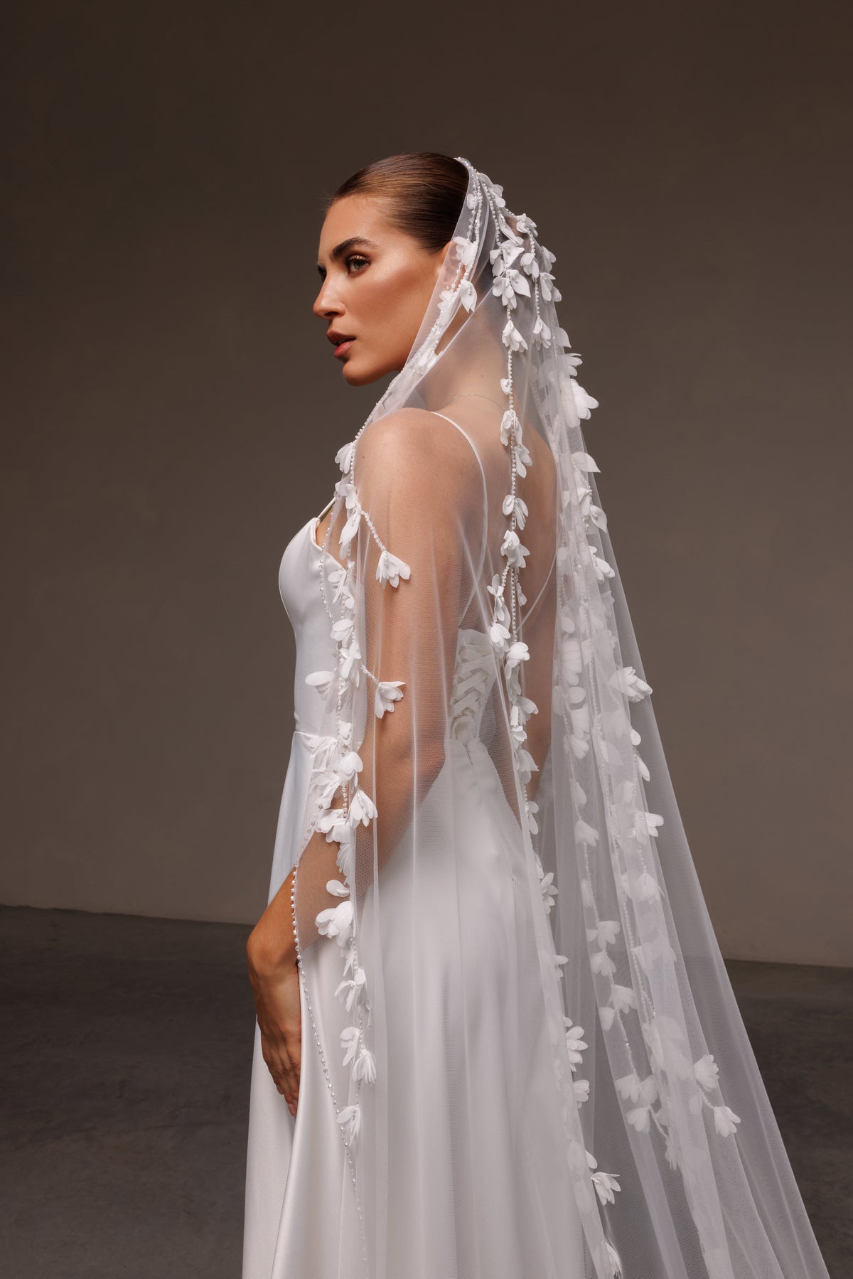Beaded Edge Mantilla Veil with 3D Chiffon Petals - view 1