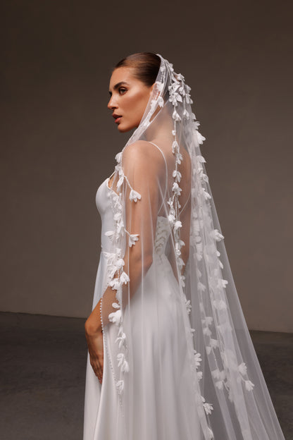 Beaded Edge Mantilla Veil with 3D Chiffon Petals - view 1