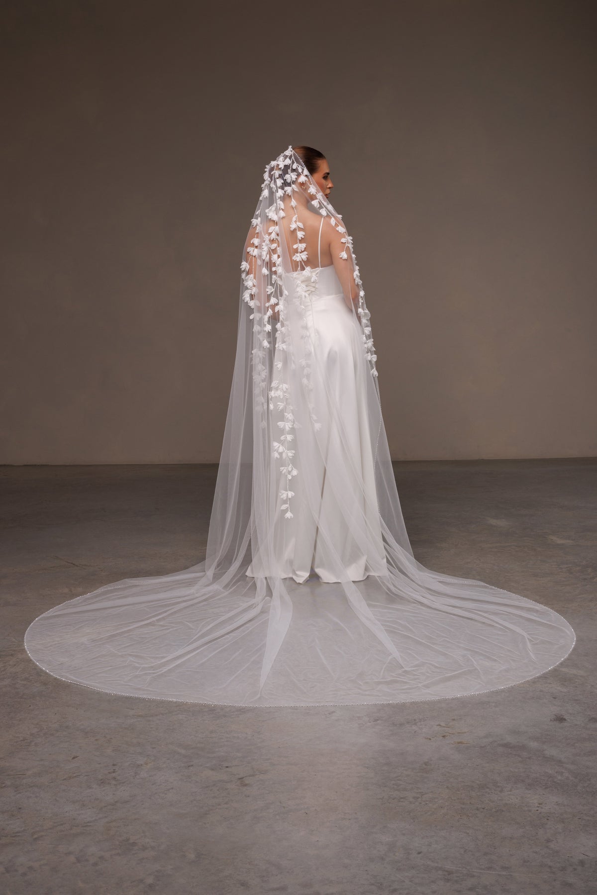 Beaded Edge Mantilla Veil with 3D Chiffon Petals - view 2