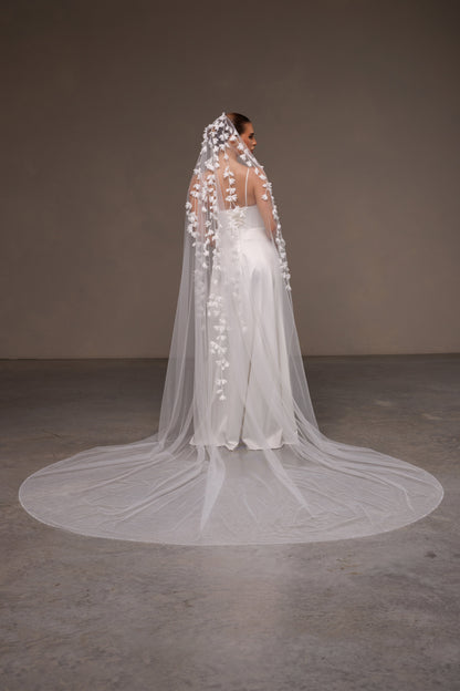Beaded Edge Mantilla Veil with 3D Chiffon Petals - view 2