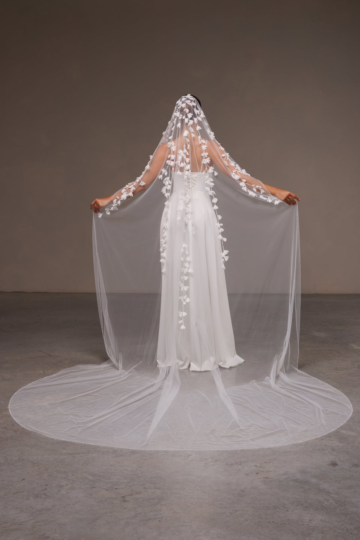 Beaded Edge Mantilla Veil with 3D Chiffon Petals - view 5