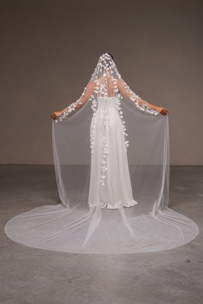 Beaded Edge Mantilla Veil with 3D Chiffon Petals - view 5
