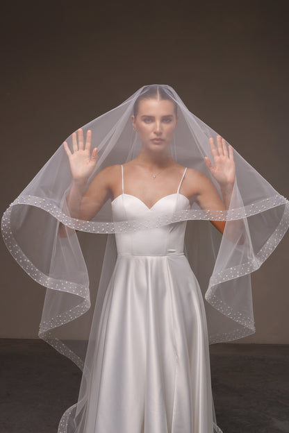 Two-Layer Veil with Horsehair Trim and Beaded Edge - view 1