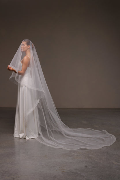 Two-Layer Veil with Horsehair Trim and Beaded Edge - view 3