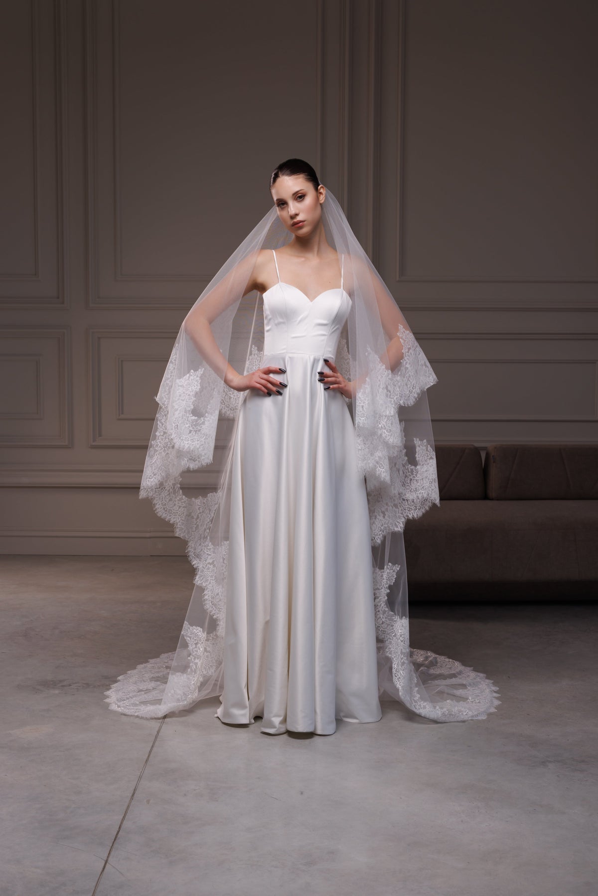 Two-Layer Cathedral Veil with Wide Chantilly Lace Trim - view 1