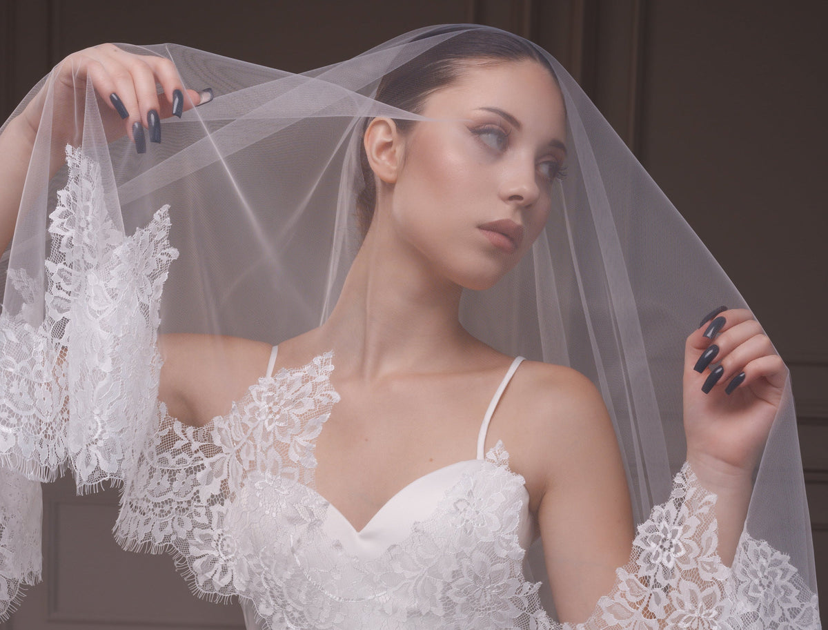 Two-Layer Cathedral Veil with Wide Chantilly Lace Trim - view 5