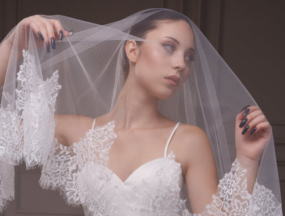 Two-Layer Cathedral Veil with Wide Chantilly Lace Trim - view 5