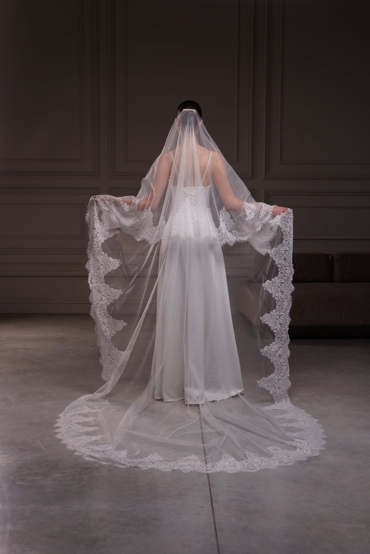 Two-Layer Cathedral Veil with Wide Chantilly Lace Trim - view 2
