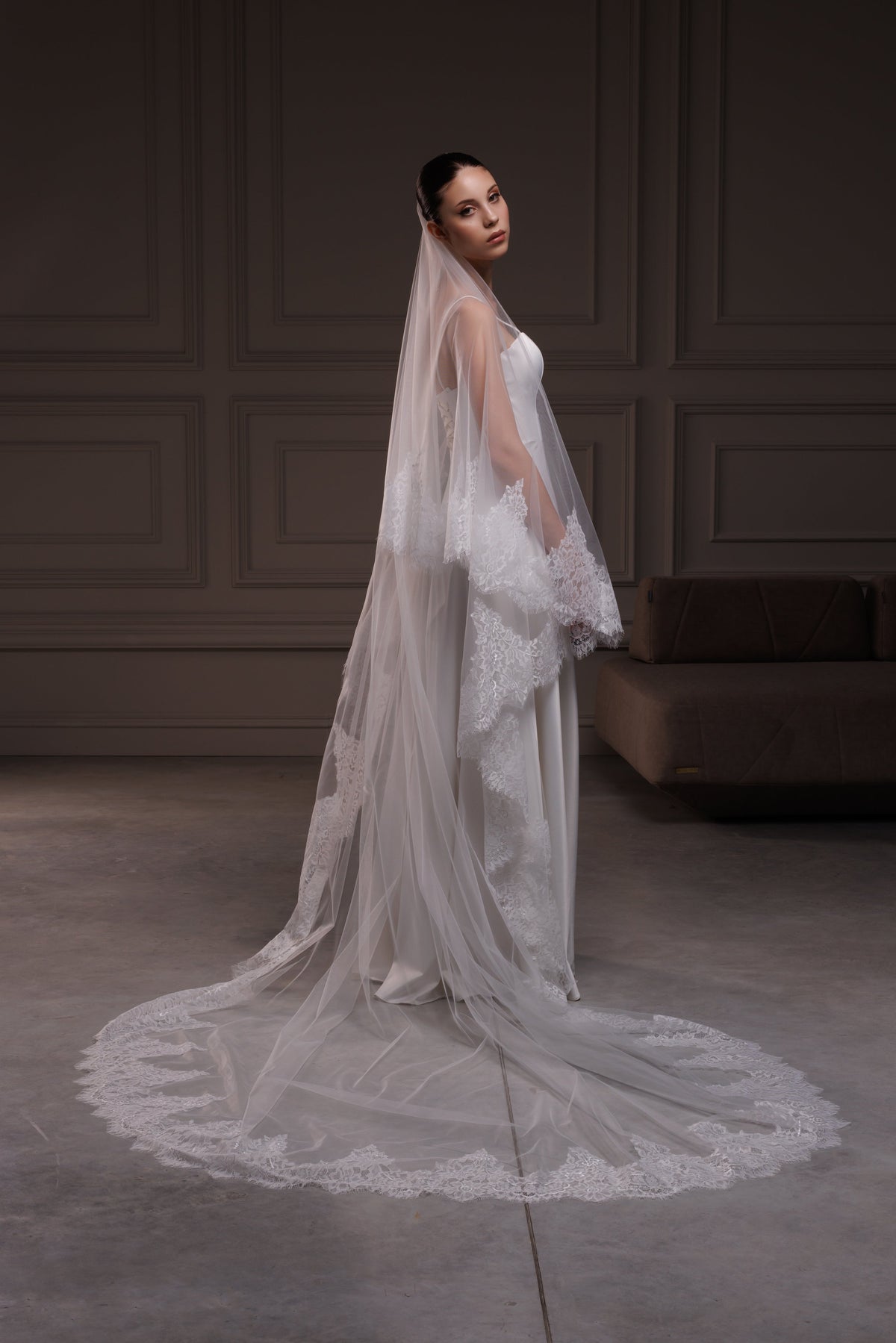 Two-Layer Cathedral Veil with Wide Chantilly Lace Trim - view 3