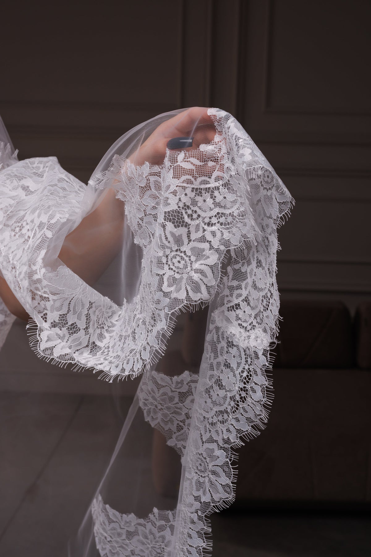 Two-Layer Cathedral Veil with Wide Chantilly Lace Trim - view 4