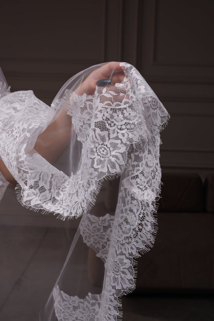 Two-Layer Cathedral Veil with Wide Chantilly Lace Trim - view 4