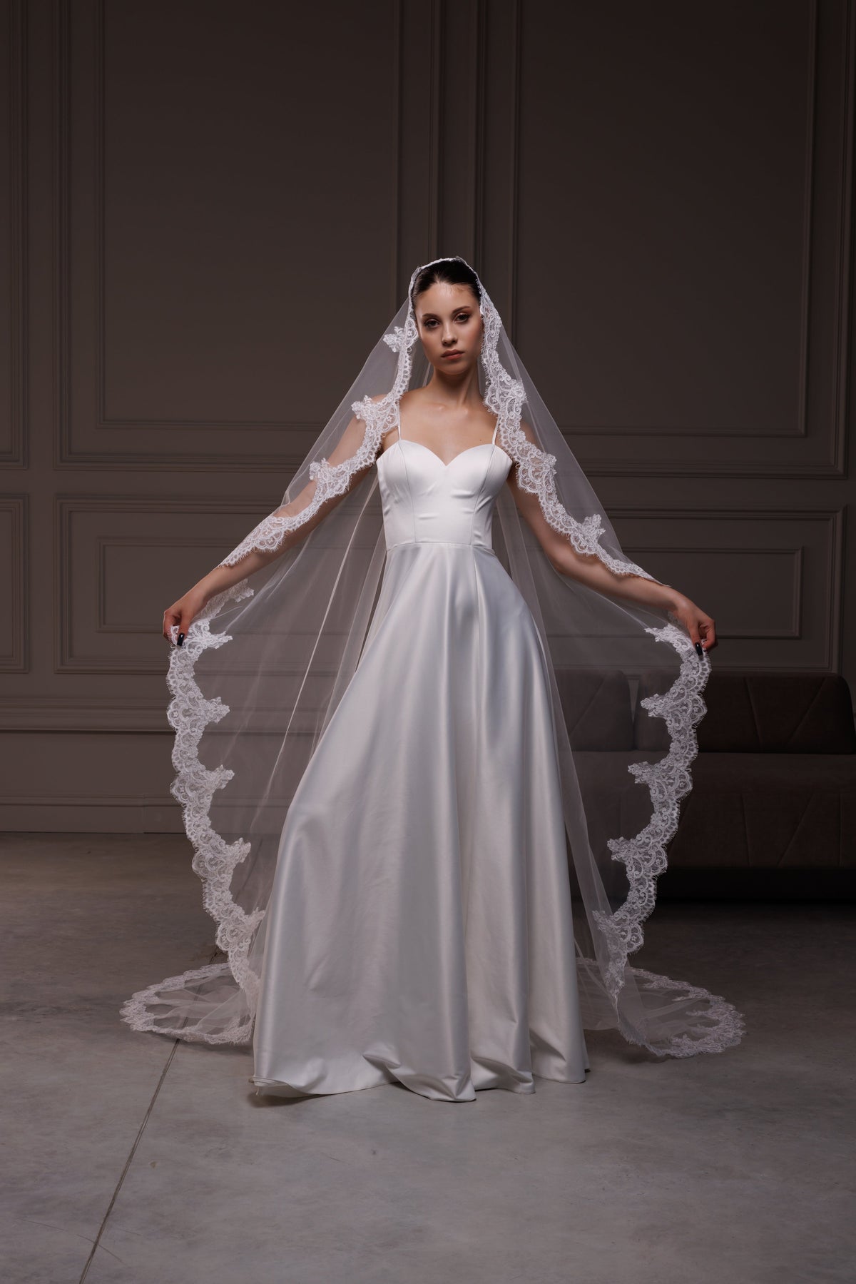 Spanish Mantilla Veil with Lace Trim in Light Ivory - view 2