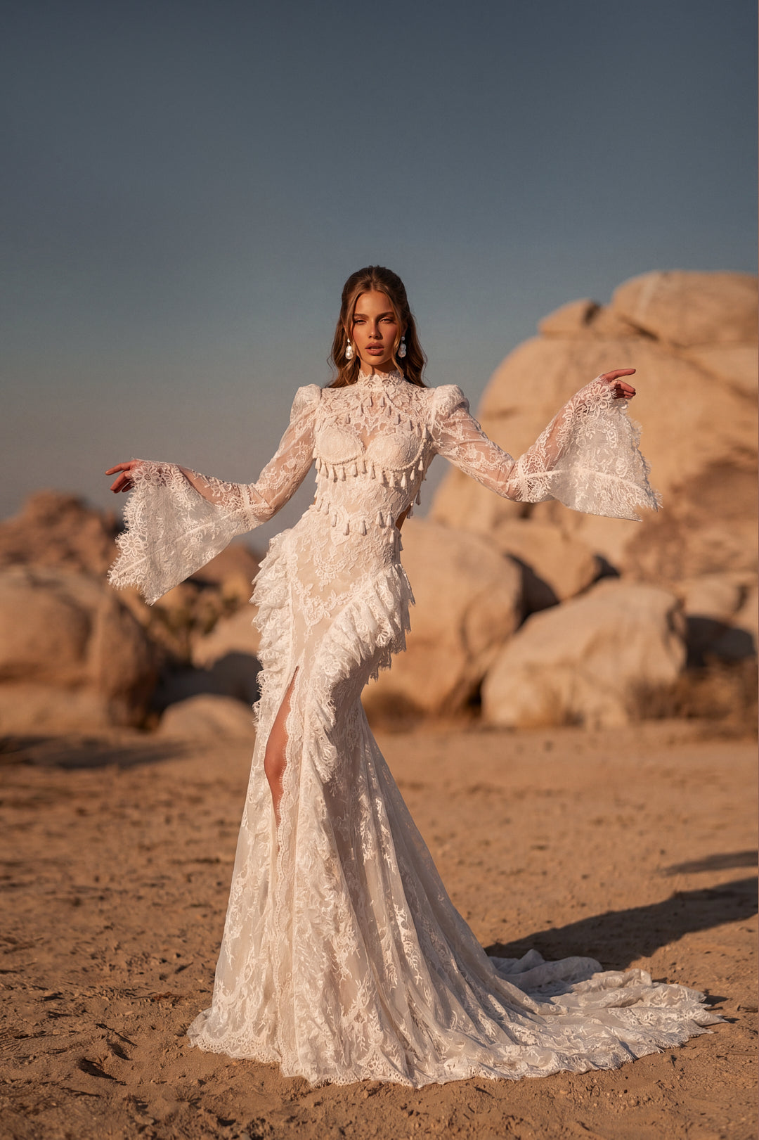 Fit-and-Flare Lace Wedding Dress with Beaded Tassels and Flared Sleeves