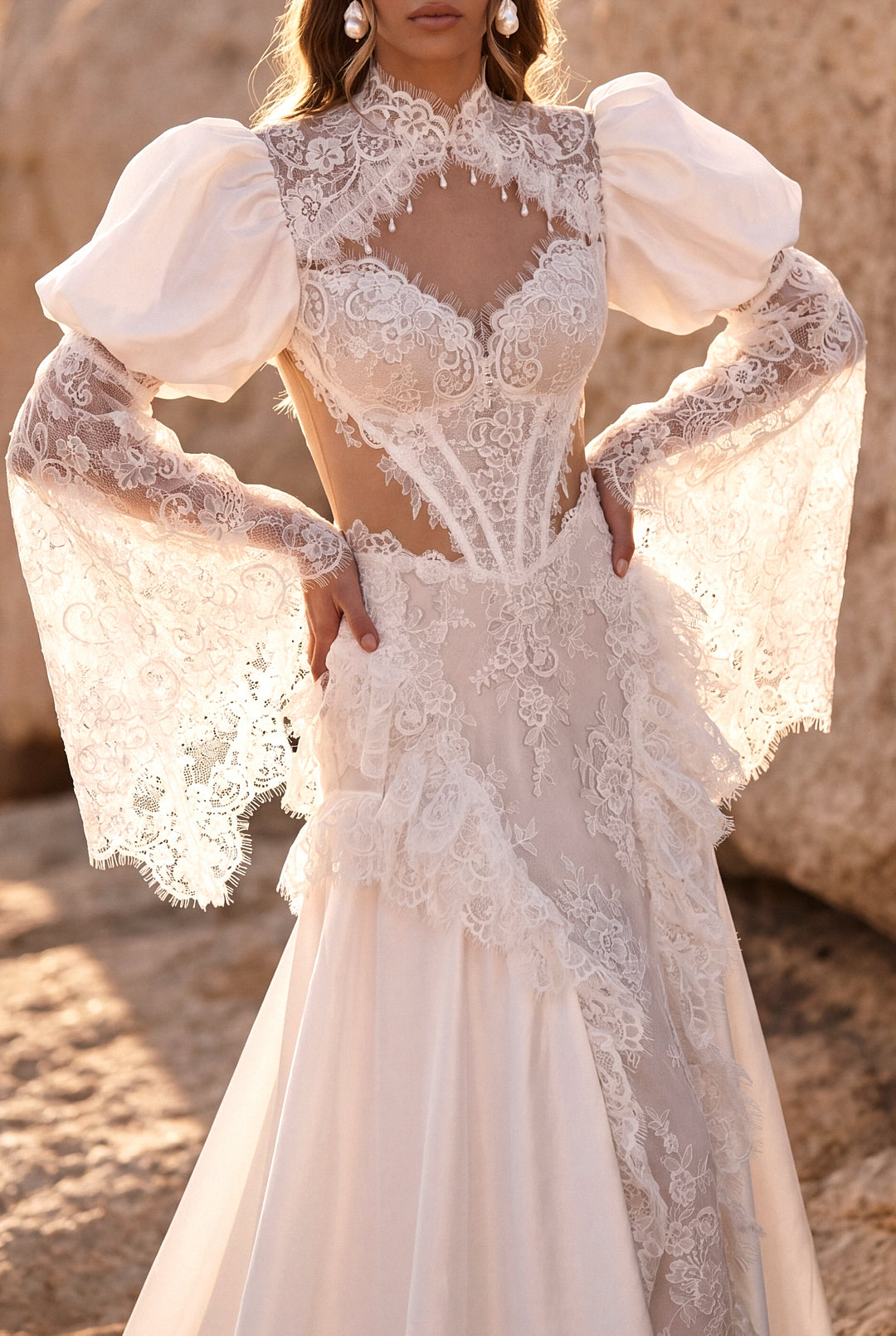 A-Line Lace Wedding Dress with Taffeta Puff Sleeves and Lace Frills