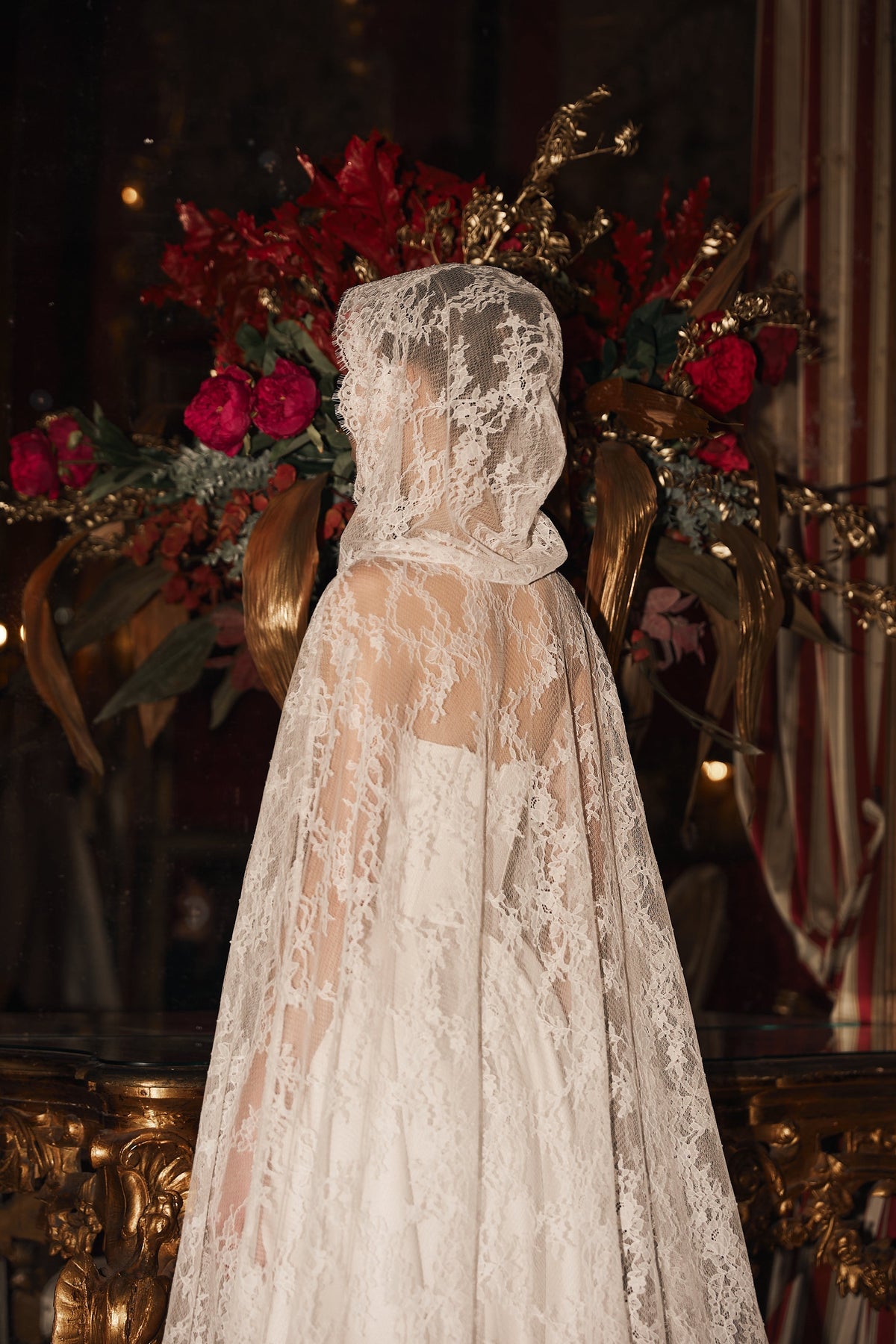 Chantilly Lace Bridal Cape with Hood - view 2