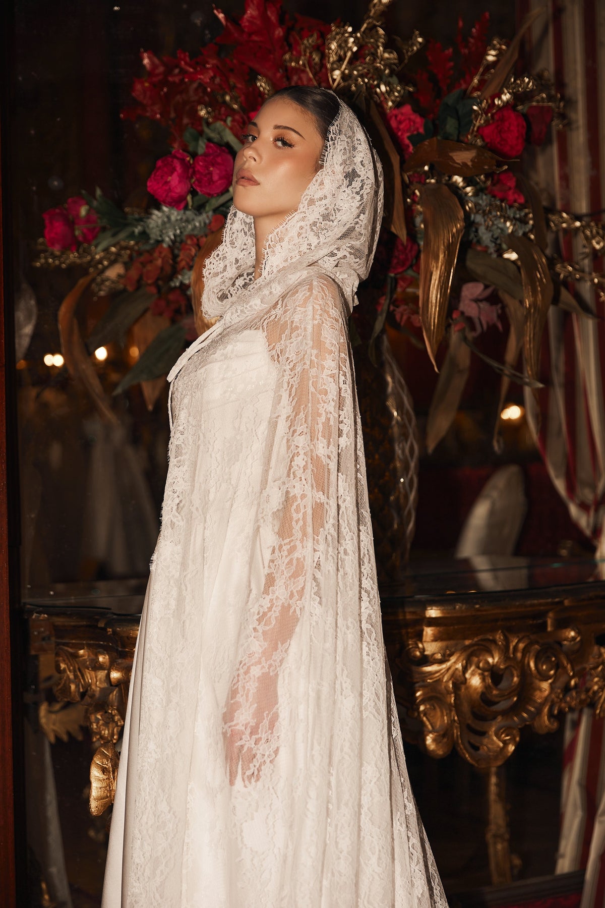 Chantilly Lace Bridal Cape with Hood - view 3
