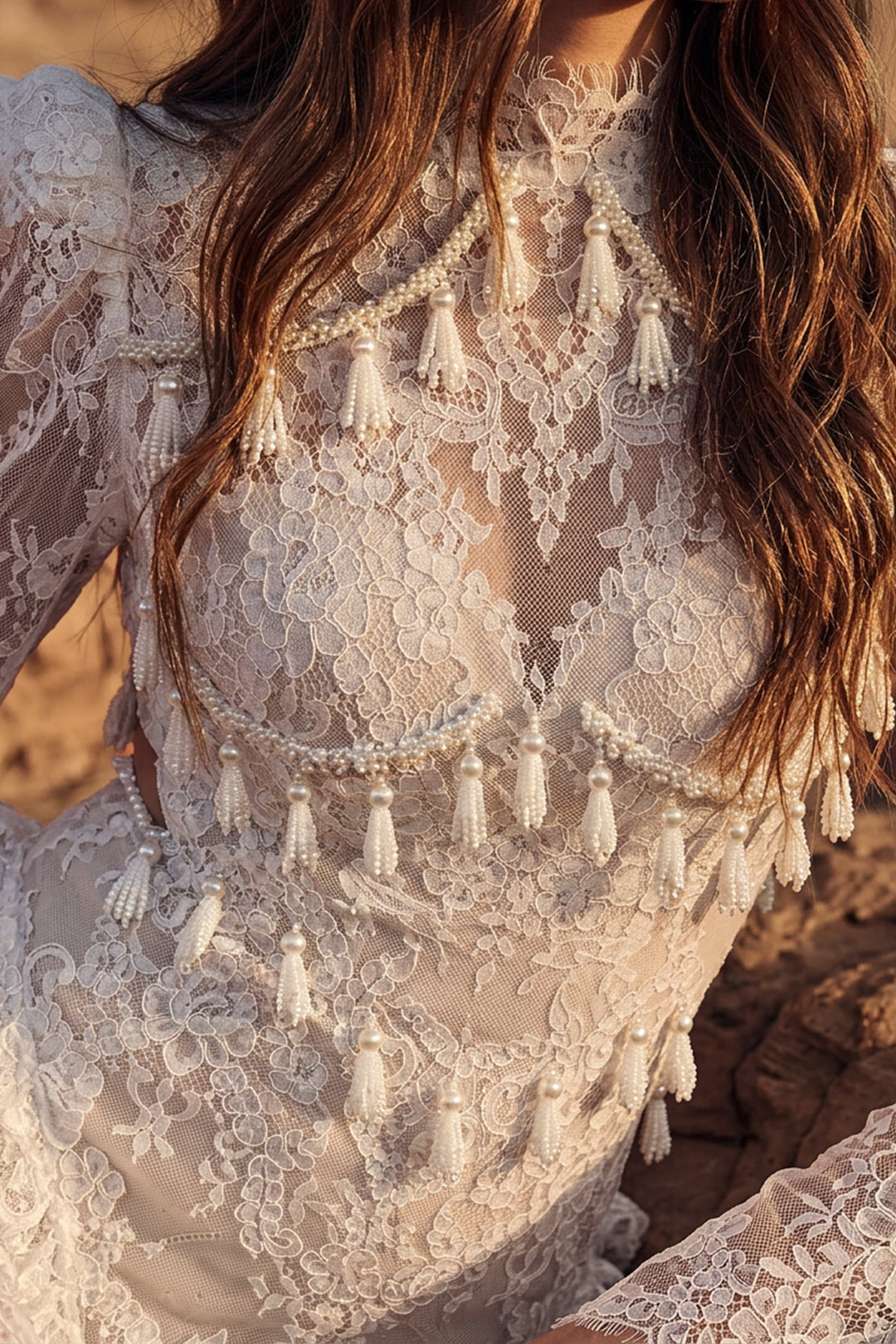 Fit-and-Flare Lace Wedding Dress with Beaded Tassels and Flared Sleeves