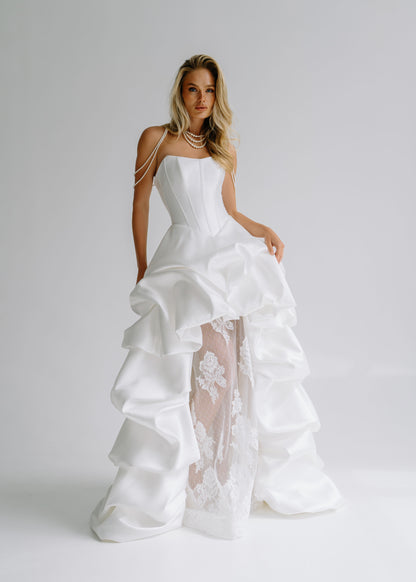 Tiered ruffled satin skirt over a sheer lace underlayer