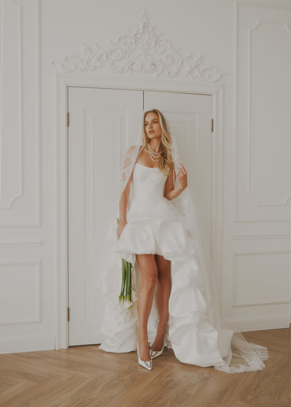 Same short ruffled satin dress with a lace-trimmed veil, standing in a doorway