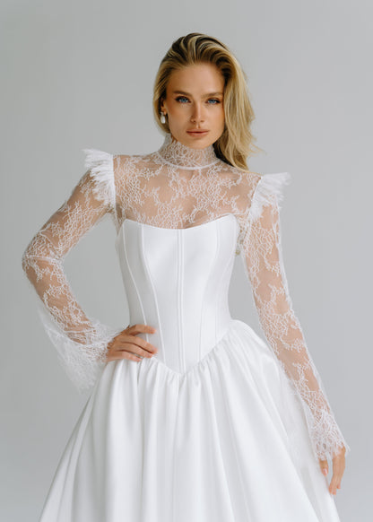 Satin corset dress with a sheer lace high-neck top with ruffled collar and cuffs
