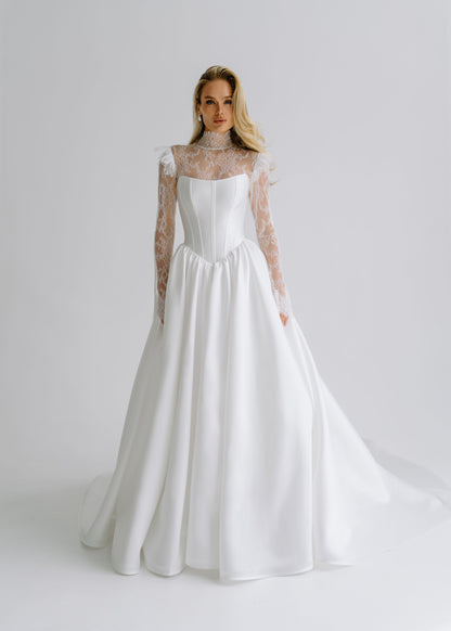 Full-length satin wedding dress with a sheer lace high-neck long-sleeve top