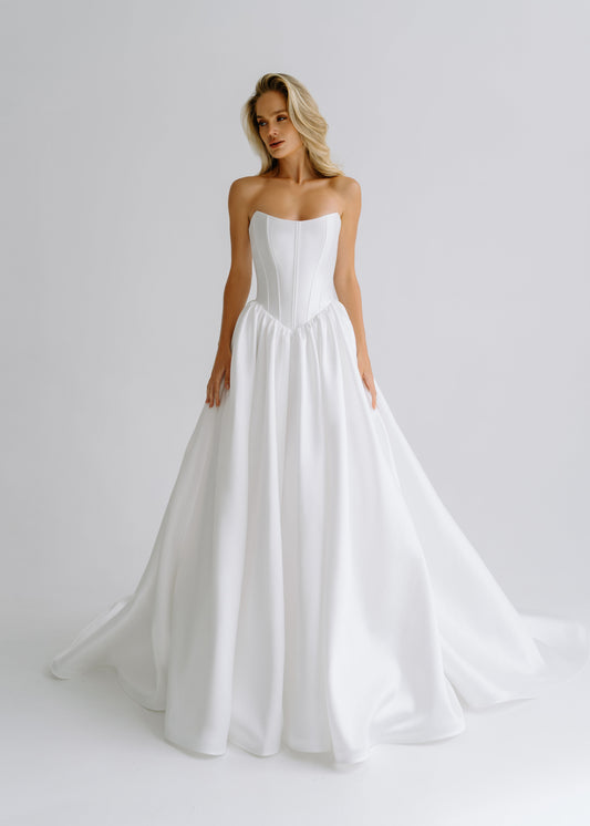 Strapless satin A-line wedding dress with a straight-neckline corset, front view